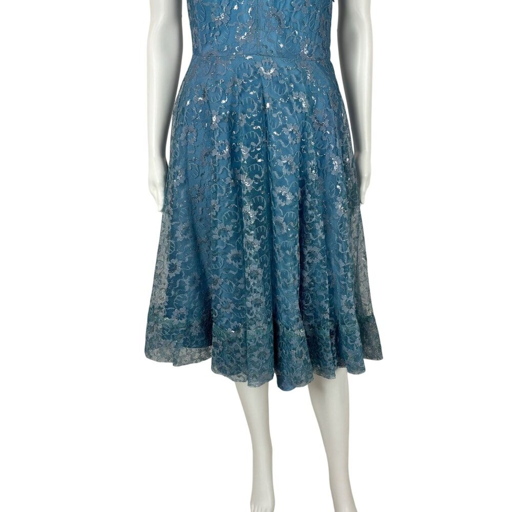 Vintage 50s Lace Dress Women's Small Blue Silver Cinderella Party Fit & Flare - Picture 6 of 11
